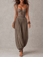Nieves | Gray Lace Bandeau Set with Pleated Cotton Harem Pants for Women