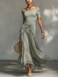 Clara - Gray Maxi Dress with Stretch Fabric and Chiffon for Women
