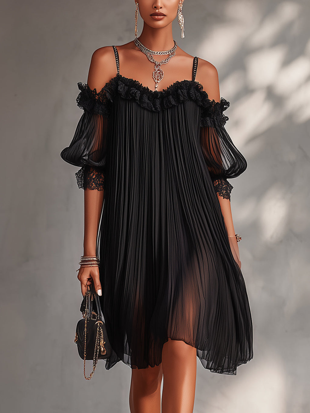Vittoria | Black chiffon mini dress with off-the-shoulder neckline and lace embroidery for women — elegant and sophisticated