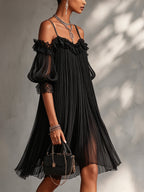 Vittoria | Black chiffon mini dress with off-the-shoulder neckline and lace embroidery for women — elegant and sophisticated
