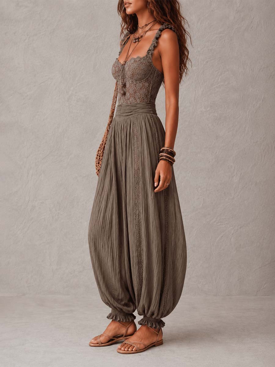 Nieves | Gray Lace Bandeau Set with Pleated Cotton Harem Pants for Women