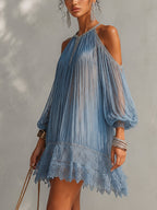 Soffia Blue Mini Dress: Off-Shoulder with Lace Details for Women