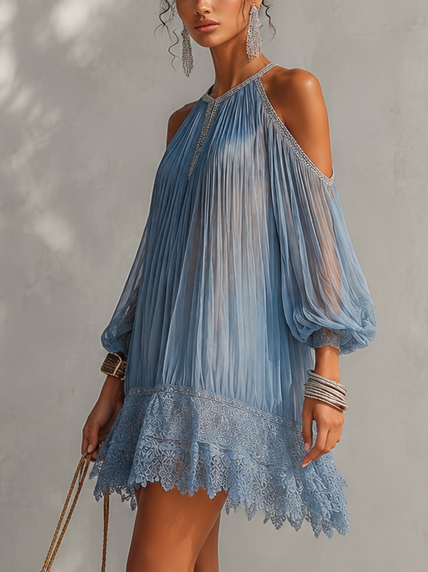 Soffia Blue Mini Dress: Off-Shoulder with Lace Details for Women