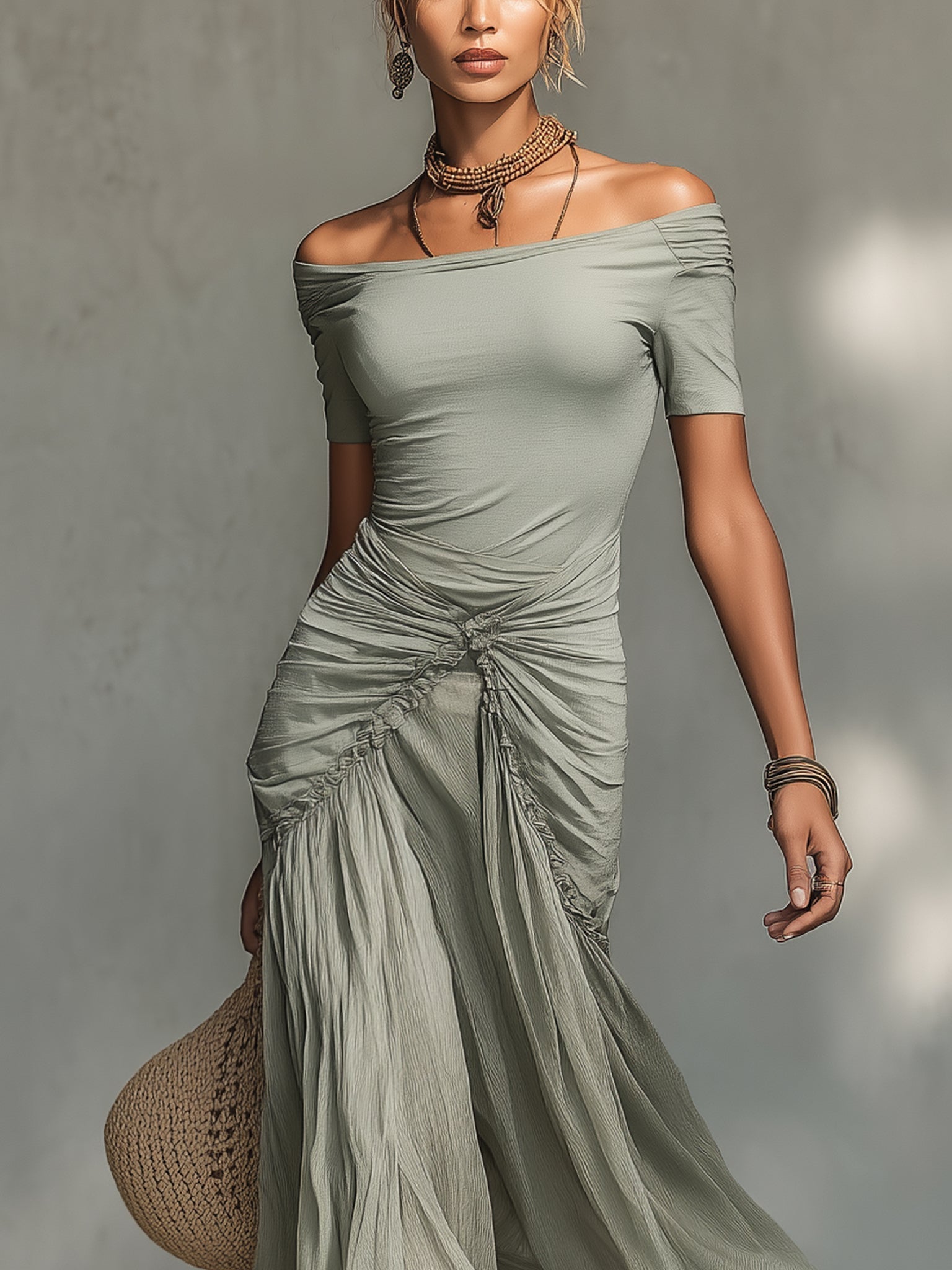 Clara - Gray Maxi Dress with Stretch Fabric and Chiffon for Women