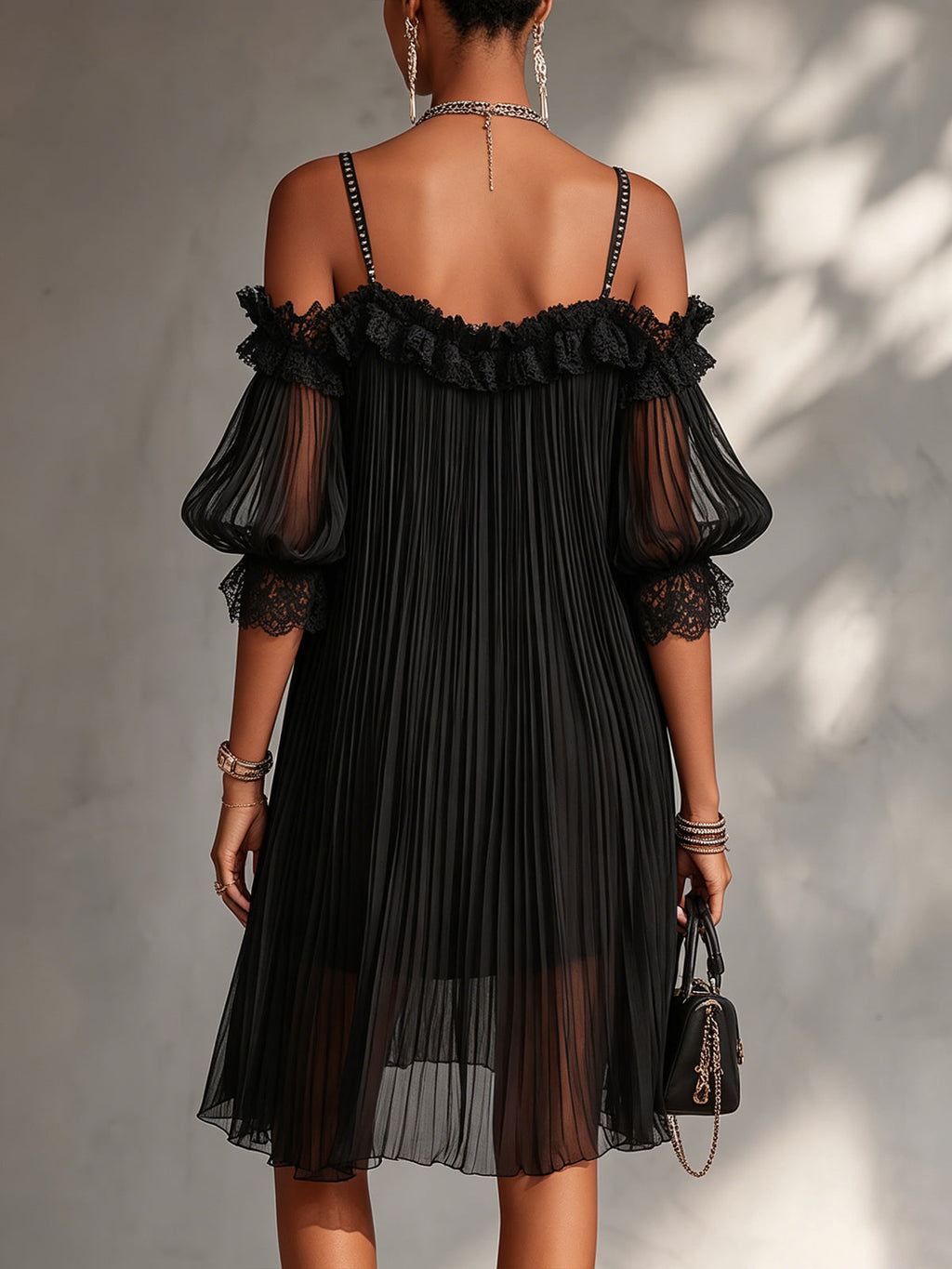 Vittoria | Black chiffon mini dress with off-the-shoulder neckline and lace embroidery for women — elegant and sophisticated