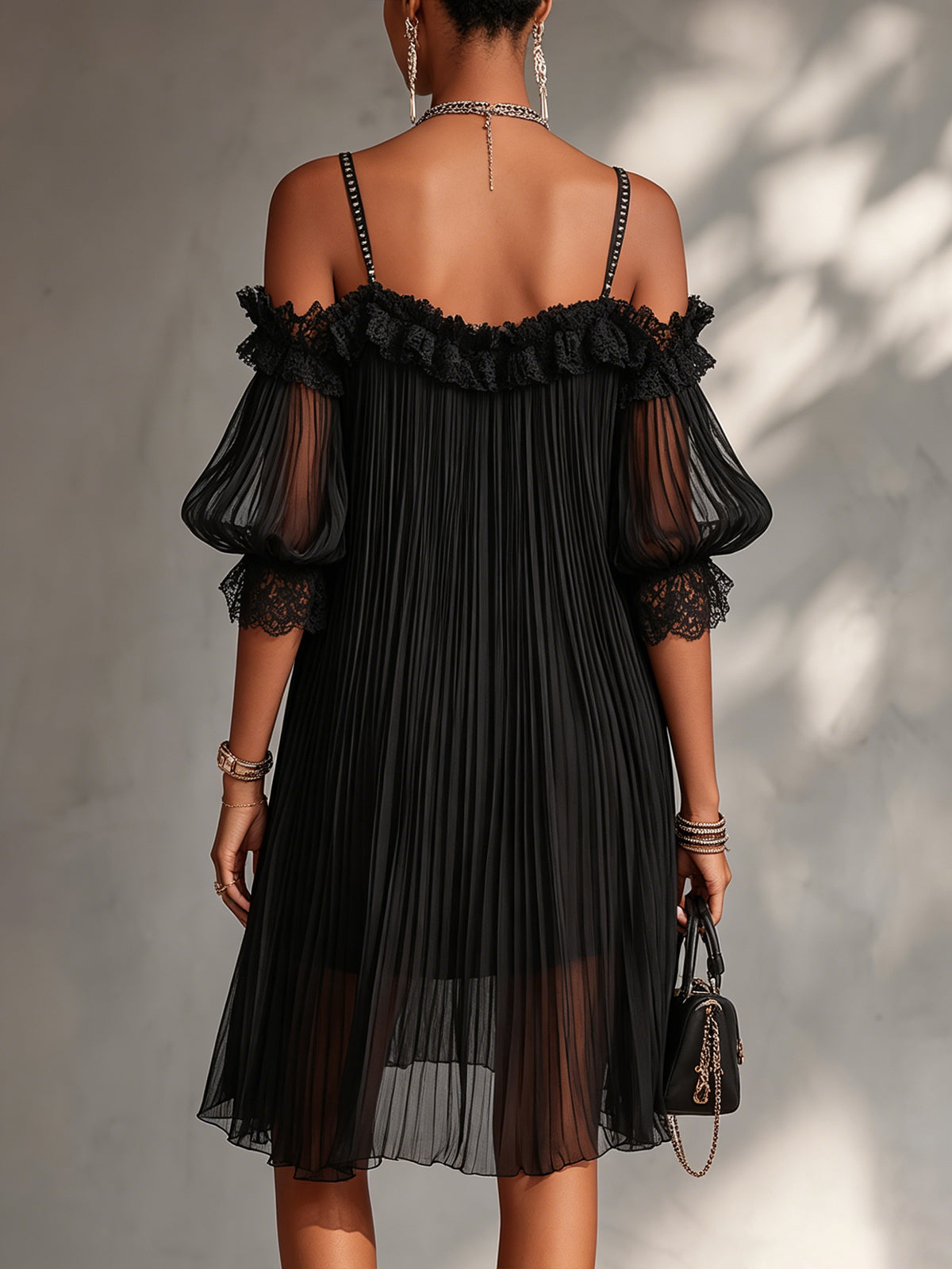 Vittoria | Black chiffon mini dress with off-the-shoulder neckline and lace embroidery for women — elegant and sophisticated