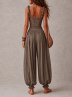 Nieves | Gray Lace Bandeau Set with Pleated Cotton Harem Pants for Women