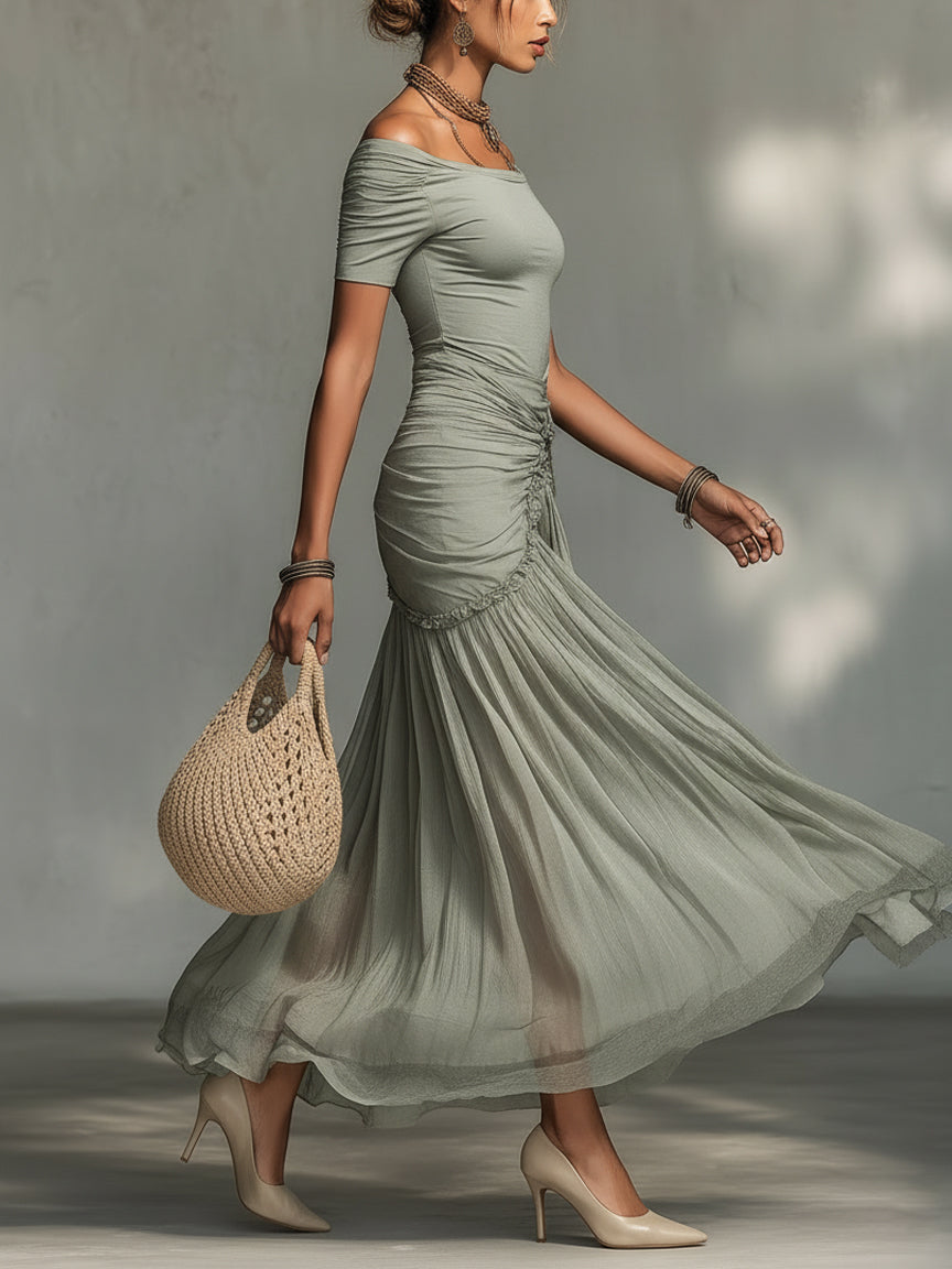 Clara - Gray Maxi Dress with Stretch Fabric and Chiffon for Women