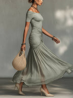 Clara - Gray Maxi Dress with Stretch Fabric and Chiffon for Women