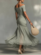 Clara - Gray Maxi Dress with Stretch Fabric and Chiffon for Women