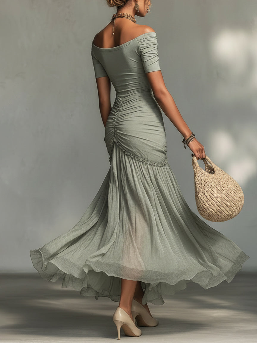 Clara - Gray Maxi Dress with Stretch Fabric and Chiffon for Women
