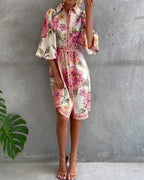 Rosalva - Printed robe with lantern sleeves and a choker necklace for women