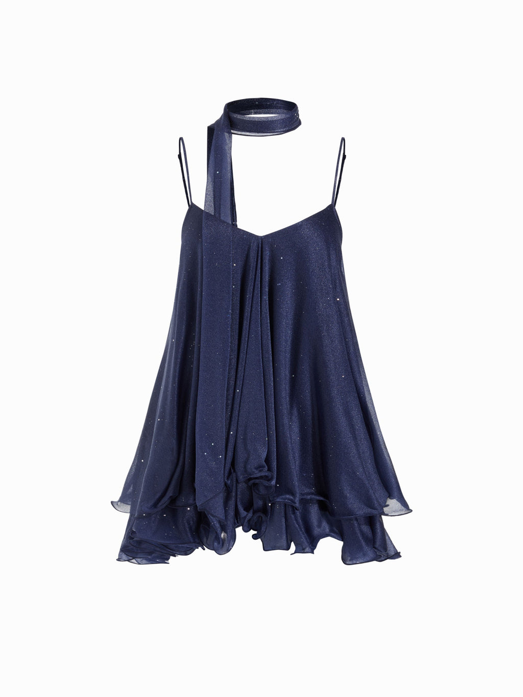 Brisa - Women's mini dress with V-neck, halter straps, ruffled sleeves, and decorative scarf