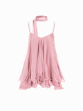 Brisa - Women's mini dress with V-neck, halter straps, ruffled sleeves, and decorative scarf