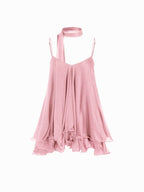 Brisa - Women's mini dress with V-neck, halter straps, ruffled sleeves, and decorative scarf