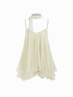 Brisa - Women's mini dress with V-neck, halter straps, ruffled sleeves, and decorative scarf