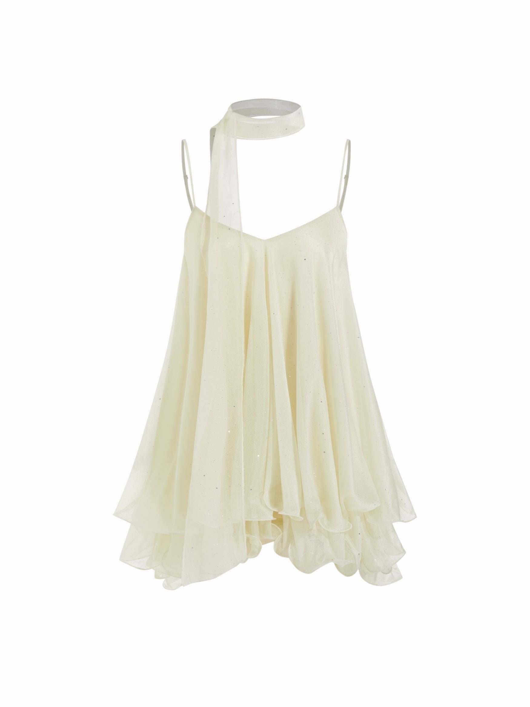 Brisa - Women's mini dress with V-neck, halter straps, ruffled sleeves, and decorative scarf