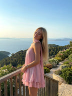 Brisa - Women's mini dress with V-neck, halter straps, ruffled sleeves, and decorative scarf