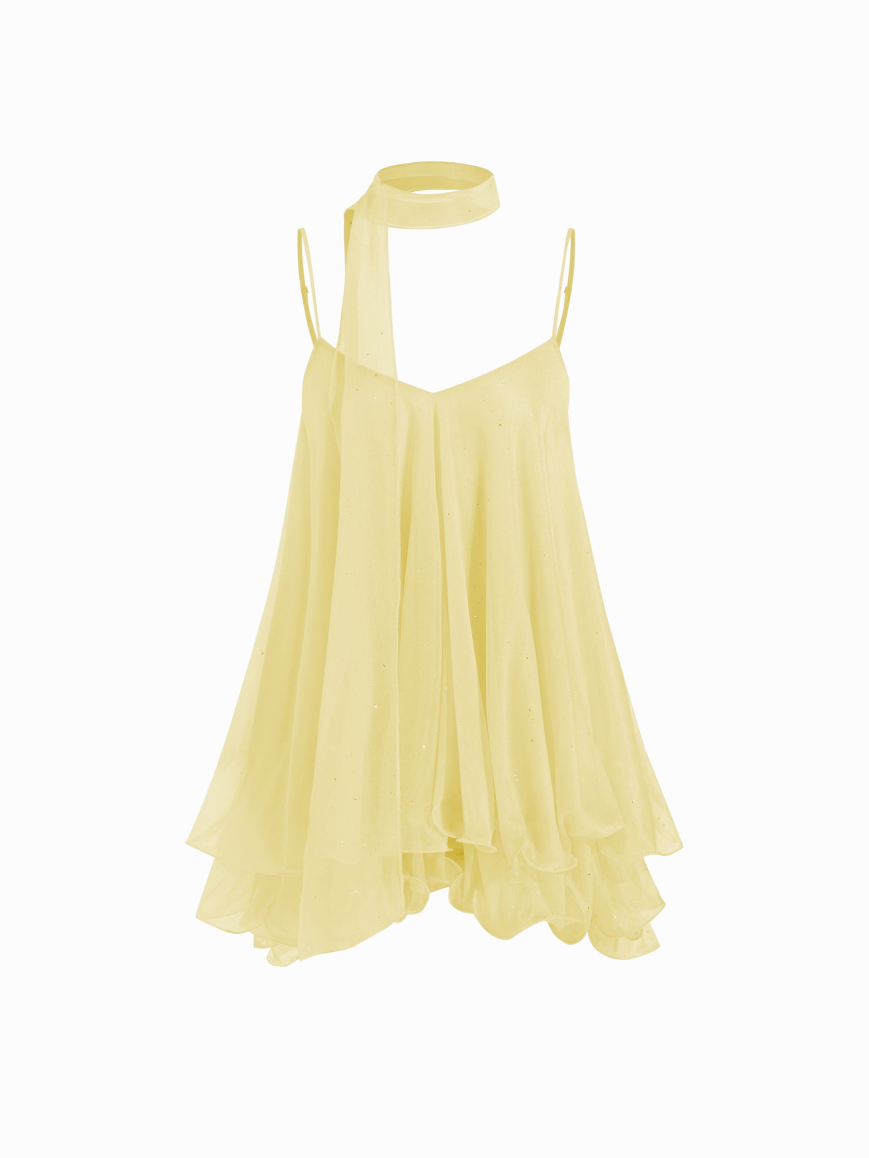 Brisa - Women's mini dress with V-neck, halter straps, ruffled sleeves, and decorative scarf