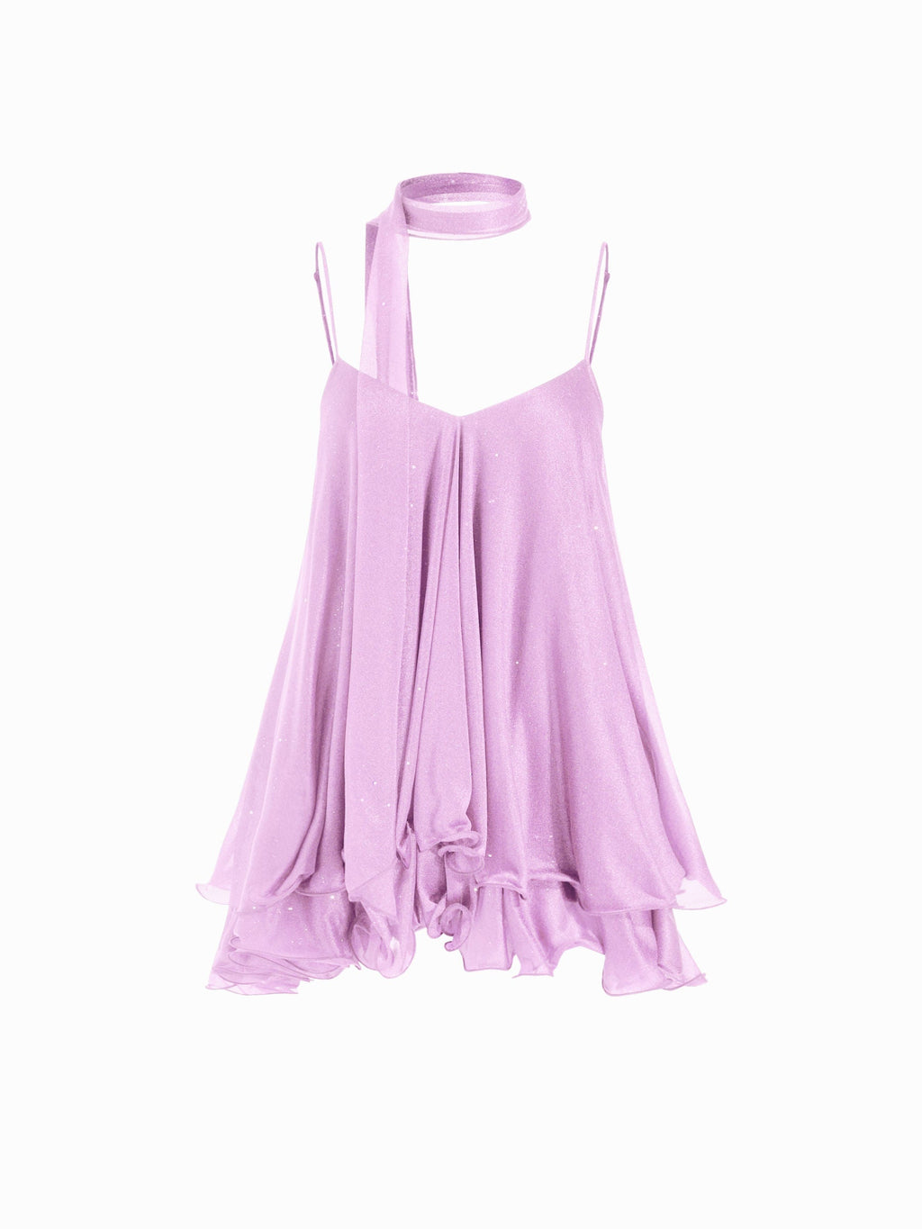 Brisa - Women's mini dress with V-neck, halter straps, ruffled sleeves, and decorative scarf