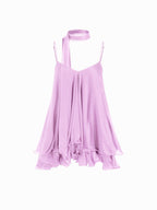 Brisa - Women's mini dress with V-neck, halter straps, ruffled sleeves, and decorative scarf