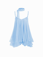 Brisa - Women's mini dress with V-neck, halter straps, ruffled sleeves, and decorative scarf