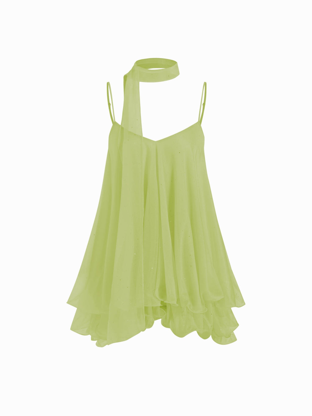 Brisa - Women's mini dress with V-neck, halter straps, ruffled sleeves, and decorative scarf