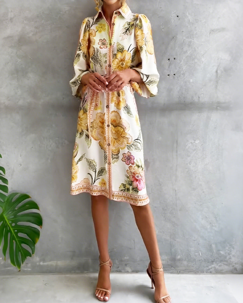 Rosalva - Printed robe with lantern sleeves and a choker necklace for women