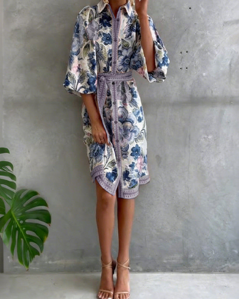 Rosalva - Printed robe with lantern sleeves and a choker necklace for women