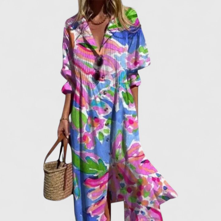 Leaf Print Maxi Shirt Dress – Effortless Boho-Chic Elegance