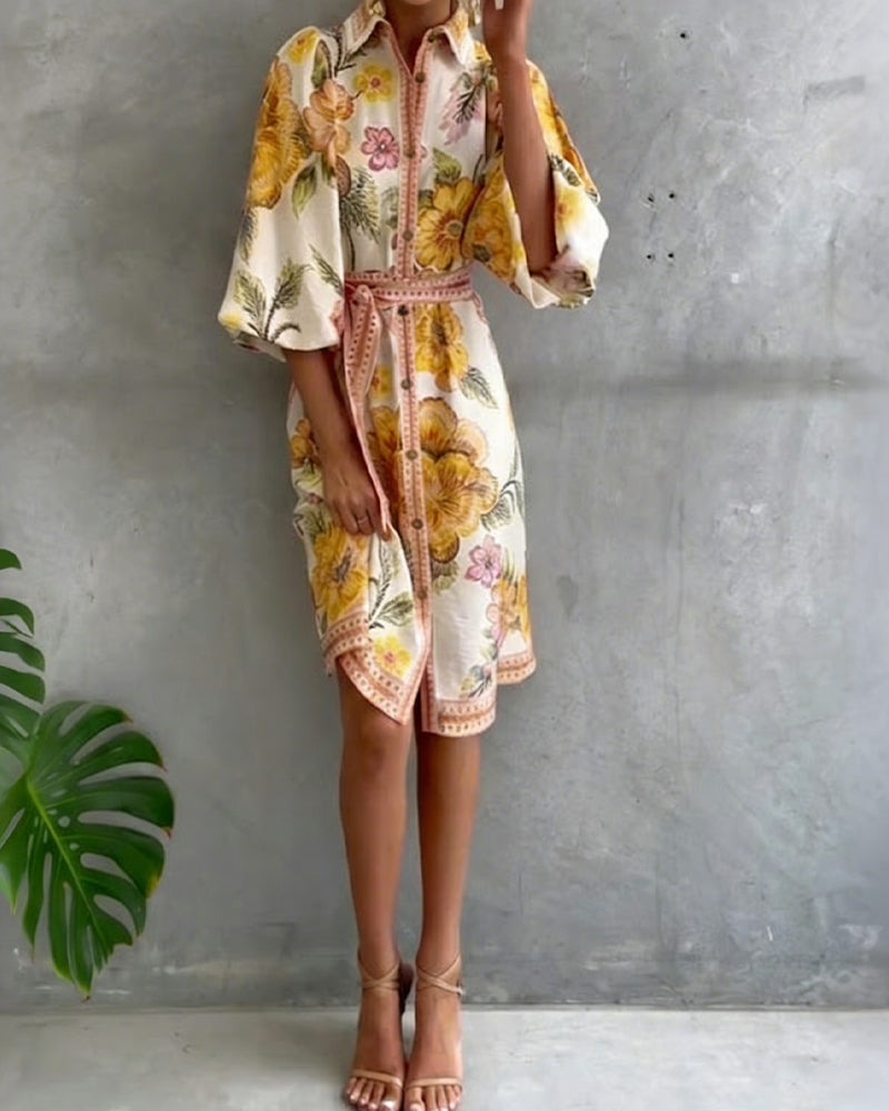 Rosalva - Printed robe with lantern sleeves and a choker necklace for women