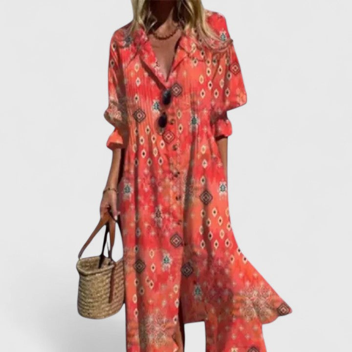 Leaf Print Maxi Shirt Dress – Effortless Boho-Chic Elegance