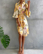 Rosalva - Printed robe with lantern sleeves and a choker necklace for women