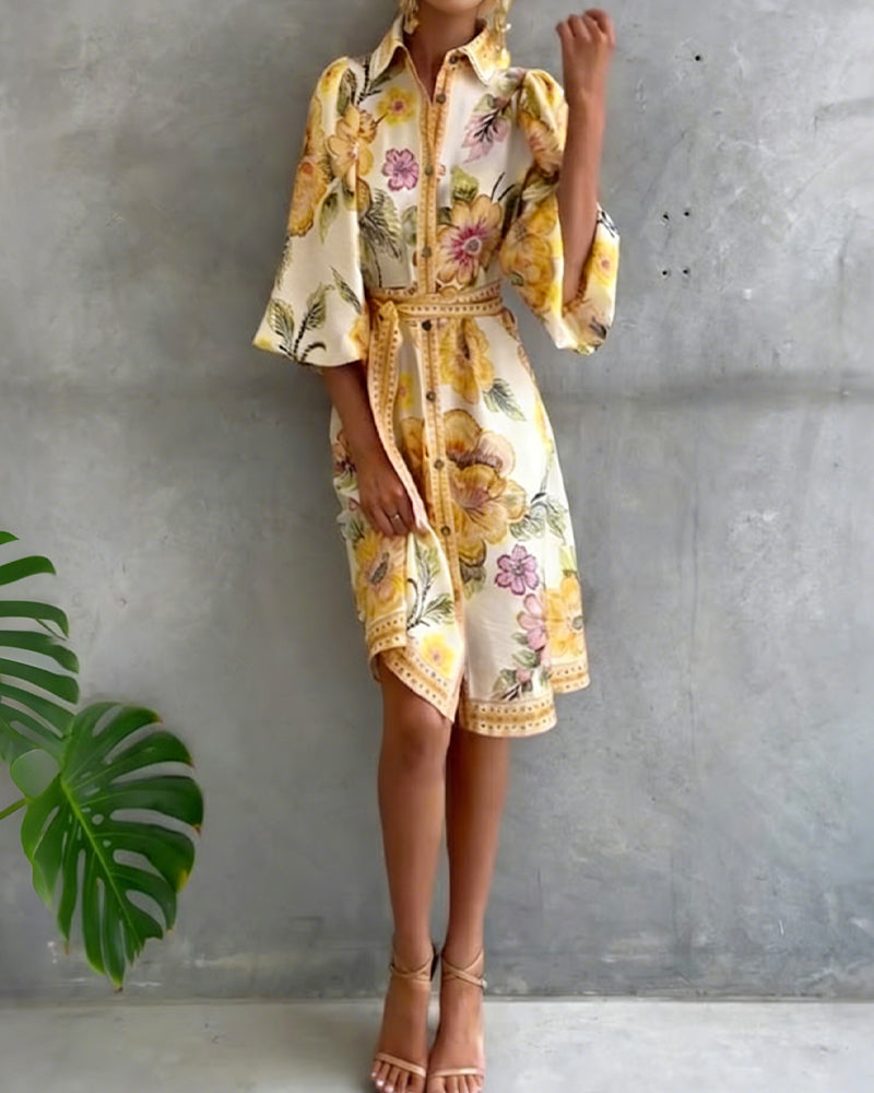Rosalva - Printed robe with lantern sleeves and a choker necklace for women