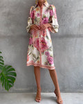 Rosalva - Printed robe with lantern sleeves and a choker necklace for women