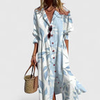 Leaf Print Maxi Shirt Dress – Effortless Boho-Chic Elegance