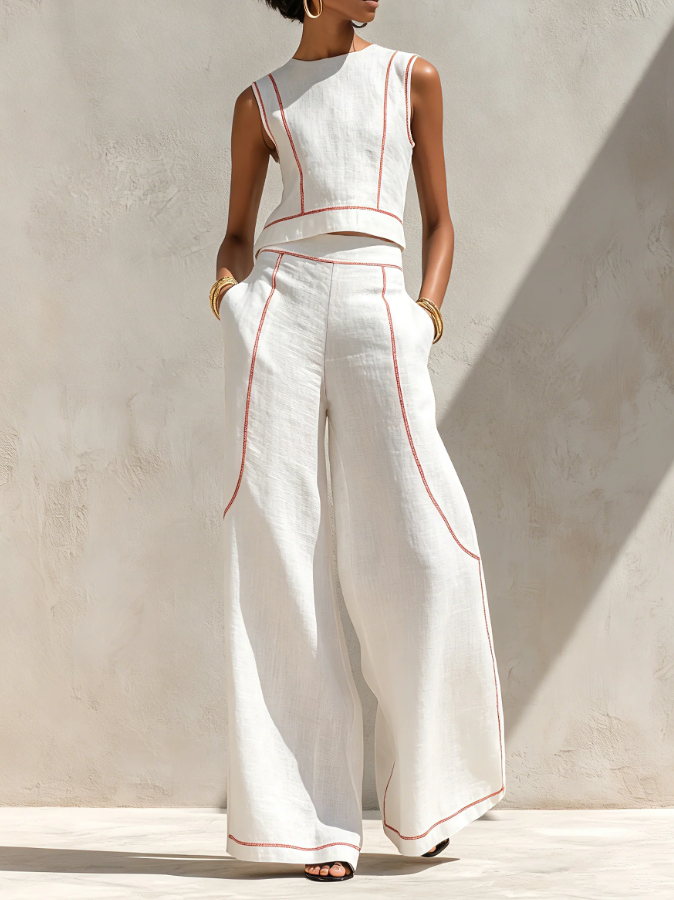 Vitto | Chic White Set with Sleeveless Top and Wide-Leg Pants for Women