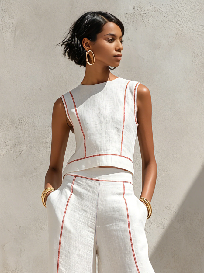 Vitto | Chic White Set with Sleeveless Top and Wide-Leg Pants for Women
