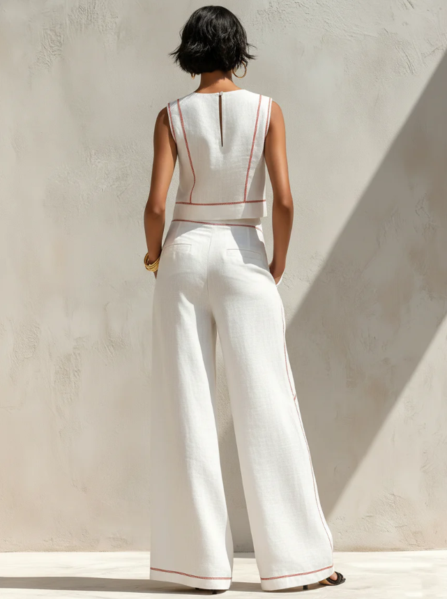 Vitto | Chic White Set with Sleeveless Top and Wide-Leg Pants for Women