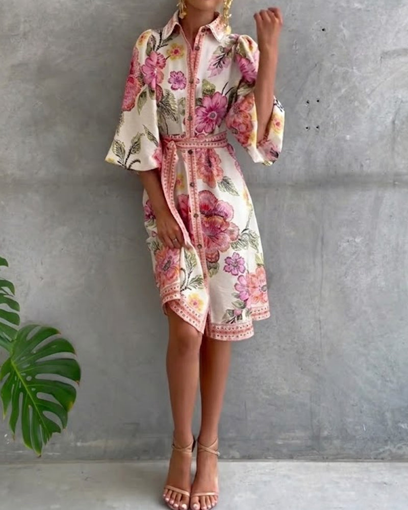 Rosalva - Printed robe with lantern sleeves and a choker necklace for women