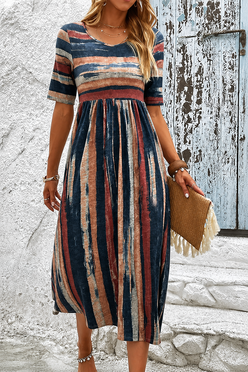 Noèle Striped Midi Dress with Belly Camouflage Effect for Women