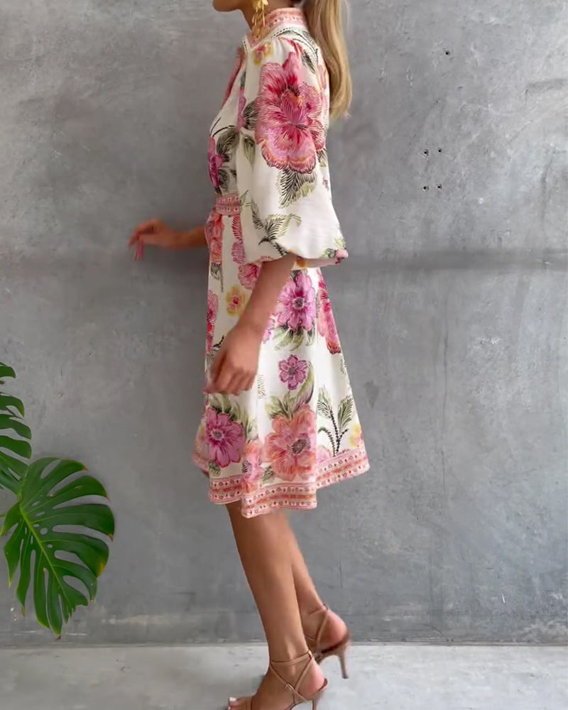 Rosalva - Printed robe with lantern sleeves and a choker necklace for women