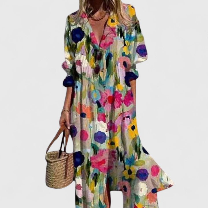 Leaf Print Maxi Shirt Dress – Effortless Boho-Chic Elegance