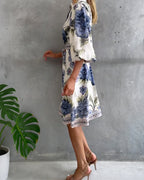 Rosalva - Printed robe with lantern sleeves and a choker necklace for women