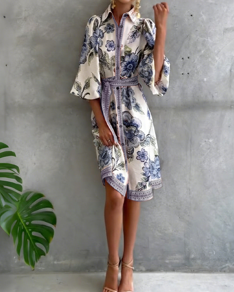 Rosalva - Printed robe with lantern sleeves and a choker necklace for women