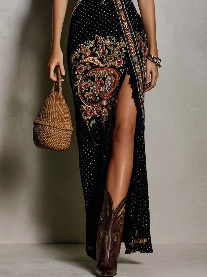 Rita - Bohemian Printed Dress with Deep V-Neck and Wide Slit for Women