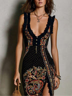 Rita - Bohemian Printed Dress with Deep V-Neck and Wide Slit for Women