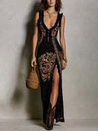 Rita - Bohemian Printed Dress with Deep V-Neck and Wide Slit for Women