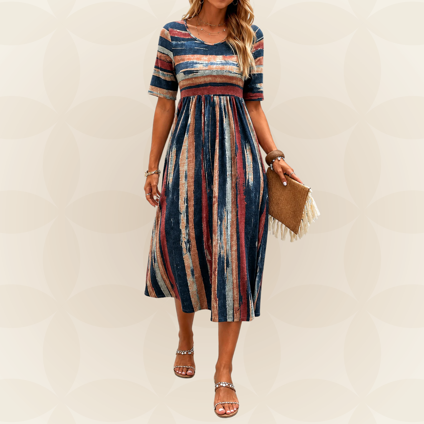 Noèle Striped Midi Dress with Belly Camouflage Effect for Women