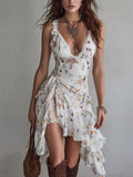 Claire | Retro mini dress with floral print, V-neck and thin straps for women